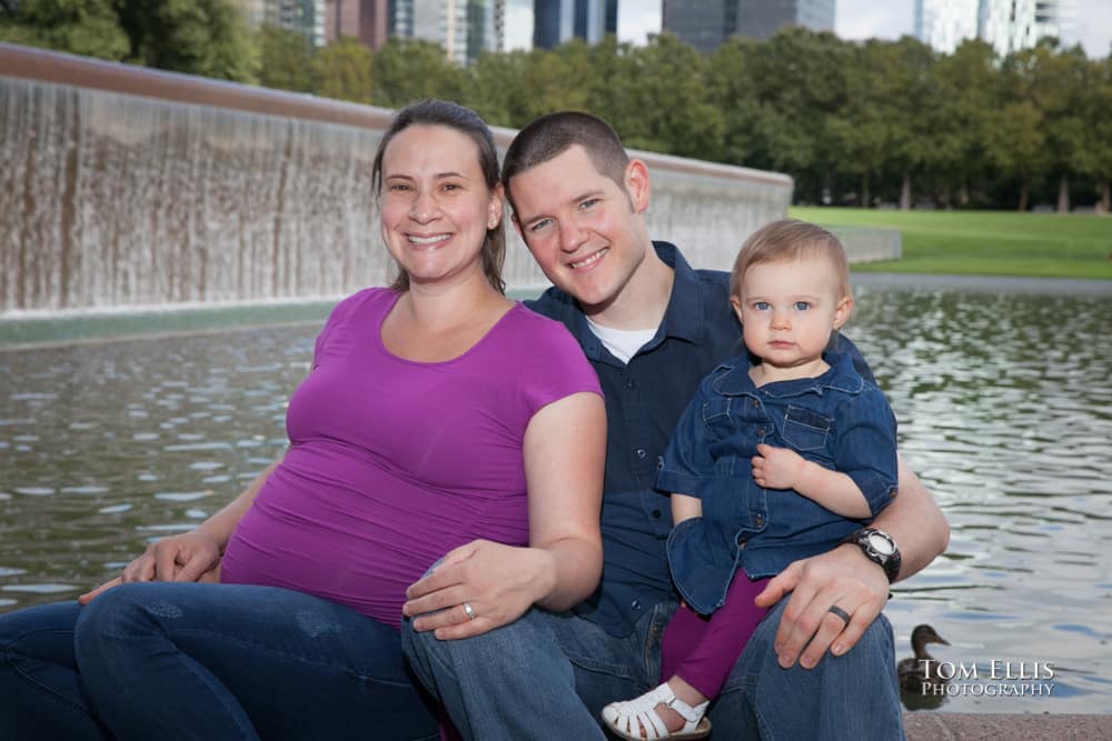 Marlin, Geoff and Everly in front of the waterfall at Bellevue Downtown Park