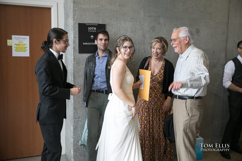 Seattle Courthouse Elopement Wedding. Williams, Geena and her family wait outside the judges' office before their wedding ceremony
