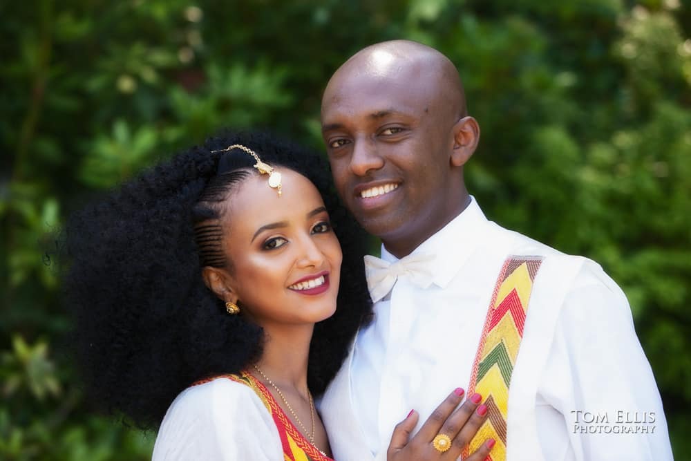 Seattle wedding portrait session at Kubota Garden, close up photo of bride and groom in traditional Ethiopian wedding clothes